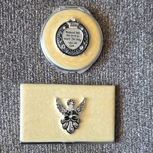 Creamy Yellow and Silver Angel Compact Mirror and Card Holder Set